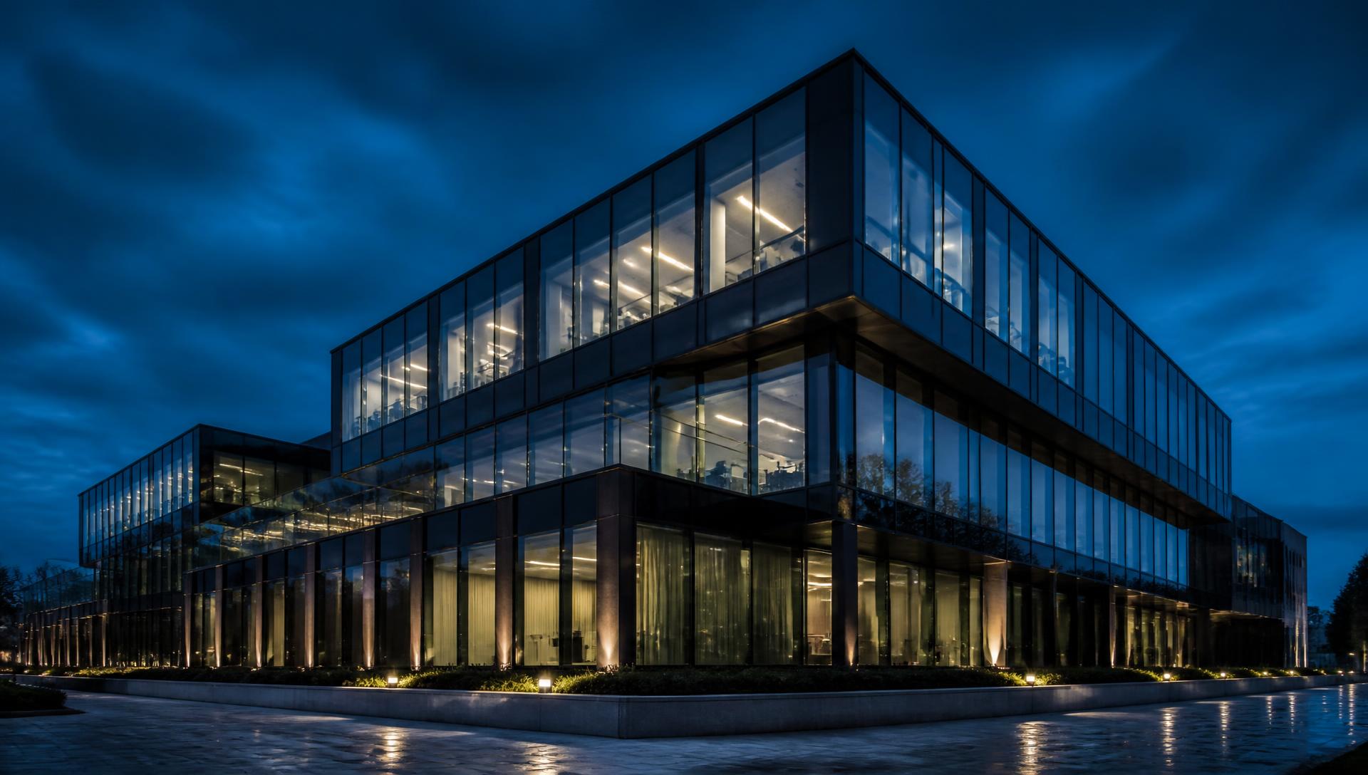 Modern glass commercial office building at dusk